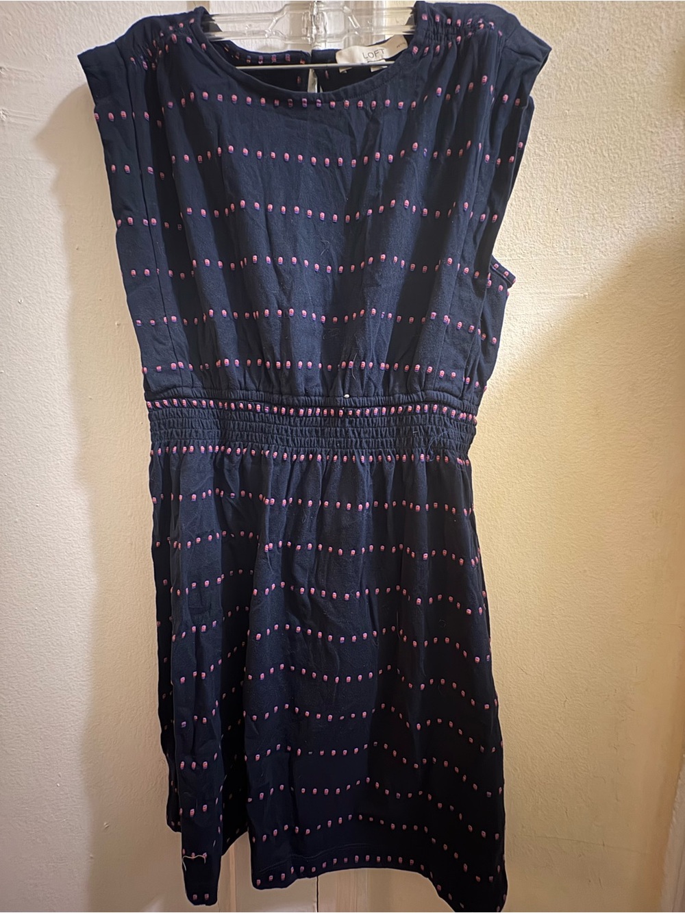 LOFT Petit dotted muscle tee dress. Navy Sleeveless Dress with Pink Dot Rows.